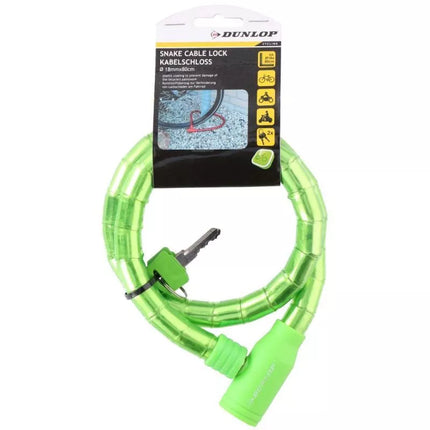 DUNLOP GREEN SPIRAL BIKE LOCK WITH KEY, HOSE, 18MMx80CM