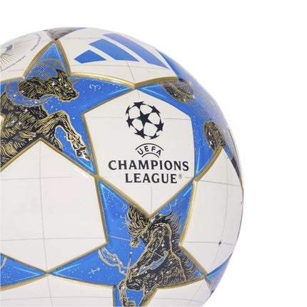 adidas UCL Mini 25/26 League Stage Futbolo kamuolys, baltas, mėlynas ir auksinis JP1544