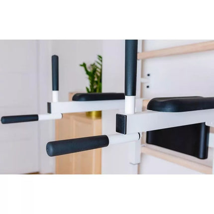 Medinė ir metalinė gimnastikos sienelė su skersiniu, suoliuku ir priedais BenchK 233W