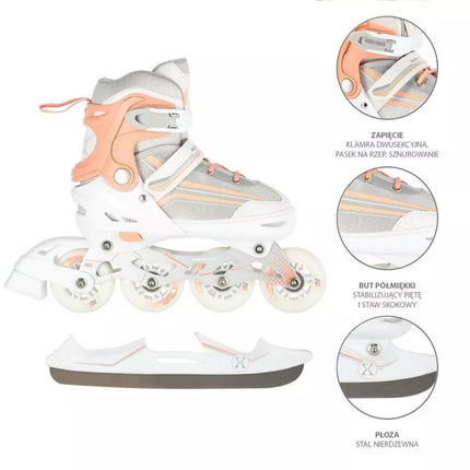 NILS Extreme NH18190 2in1 inline skates, white and pink, size S (29-33), with replaceable hockey blade