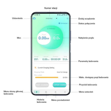 Extralink elektromobilių įkroviklis BS20-BA-22kW-APP, 2 tipo, 32A, 22kW, 3 fazių, LCD ekranas, su programėle, 6,1 m laido ilgis