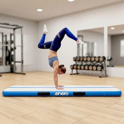 PRIPUČIAMAS GIMNASTIKOS ČIUŽINYS, AKROBATIKOS TAKELIS 300X100X15CM SU ELEKTRINE POMPA, MĖLYNAS