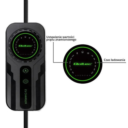 Qoltec nešiojamas elektromobilių įkroviklis su reguliavimo funkcija 2 viename, Type2 SCHUKO 3,5 kW 230 V, LCD ekranas, Wallbox, 5 m