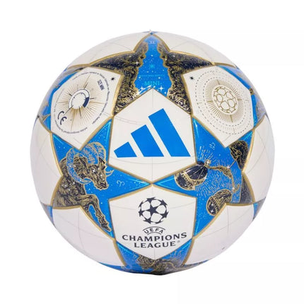 adidas UCL Mini 25/26 League Stage Futbolo kamuolys, baltas, mėlynas ir auksinis JP1544