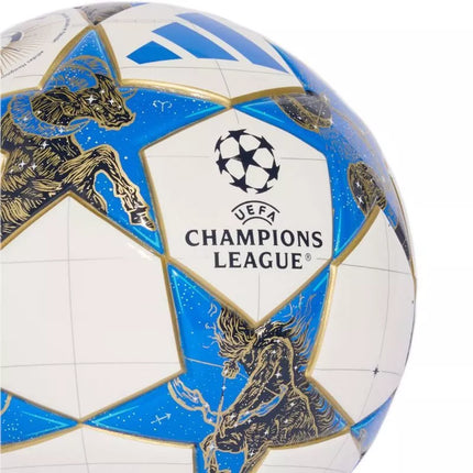 adidas UCL Mini 25/26 League Stage Futbolo kamuolys, baltas, mėlynas ir auksinis JP1544