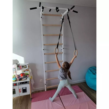 GYMNASTIC WOODEN AND METAL WALL BAR WITH METAL BAR AND ACCESSORIES FOR CHILDREN BENCHK 721W A076