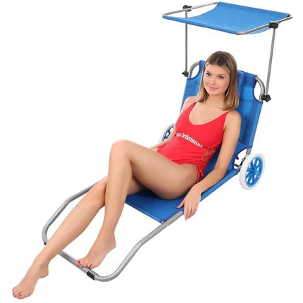 FOLDABLE BEACH CHAIR WITH CANOPY ON WHEELS 116x62x60-90CM BLUE
