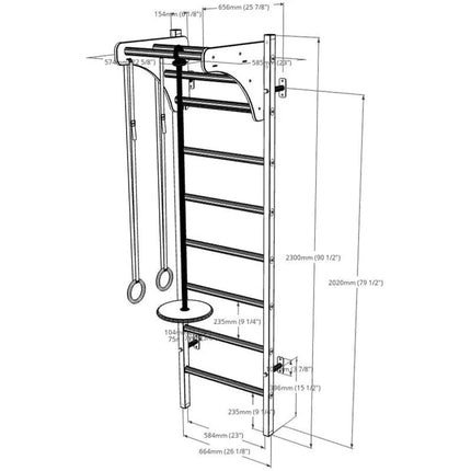 WOODEN AND METAL GYMNASTIC WALL BAR WITH WOODEN BAR AND ACCESSORIES BENCHK 211W A204
