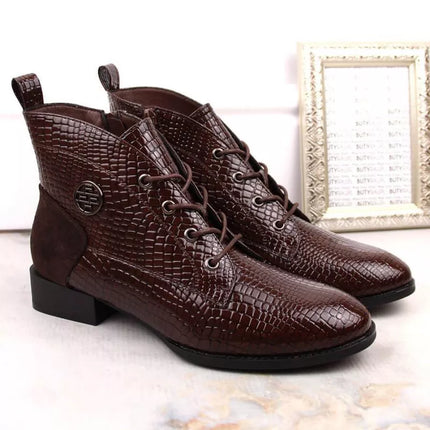 Filippo W PAW478B brown patent leather ankle boots with insulated crocodile skin