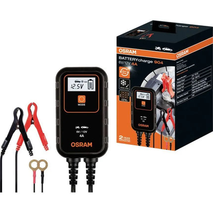 Įkroviklis BATTERYcharge 904, įkrovimo įtampa: 6/12 V, OSRAM, įkrovimo srovė: 4 A, maitinimo įtampa: 230 V, akumuliatoriaus tipas: AGM/Li-Ion/VRLA