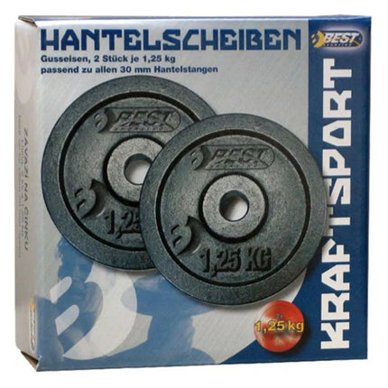 BLACK CAST IRON WEIGHT 2x1.25 KG BEST SPORTING diameter 30mm