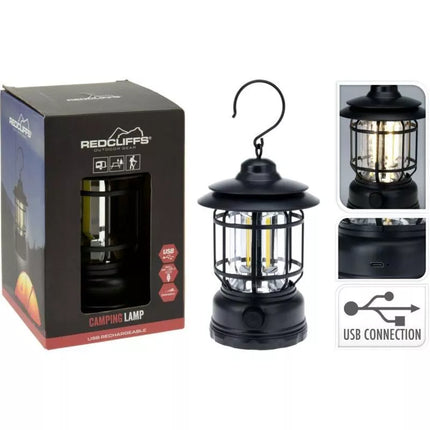 REDCLIFFS Juodas 18cm Stovyklos žibintas su USB įkrovimu