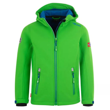 TrollKids Vaikiška "Trollfjord" striukė, ryškiai žalia/vidutiniškai mėlyna, vėjo nepraleidžianti softshell (161-304)