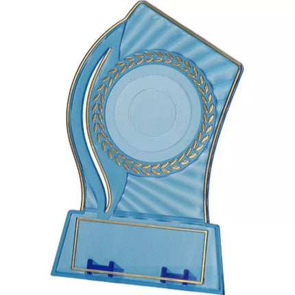 Plastikinis trofėjus - skaidrus - auksinis su vieta 50 mm lipdukui ir 65 mm x 23 mm TM plokštelei