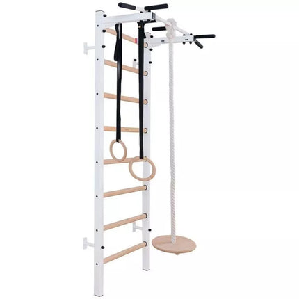 WOODEN AND METAL GYMNASTIC WALL BAR WITH WOODEN BAR AND ACCESSORIES BENCHK 221W A204