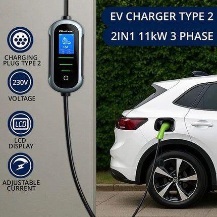 Qoltec Mobile charger for electric car EV with regulation 2in1 Type2 | 3.5kW | 230V | SCHUKO 16A | Wi-fi | TUYA | SMART LIFE | LCD | Portable | 5m (52435)