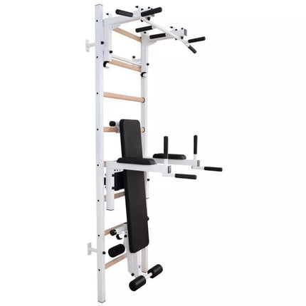 Medinė ir metalinė gimnastikos sienelė su skersiniu, suoliuku ir priedais BenchK 233W