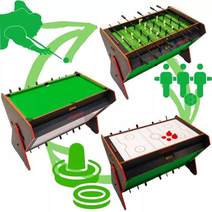 3 viename sukamasis stalas: biliardas, stalo futbolas, oro ritulys 121x84.5x85.3cm JUODAS