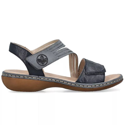 Women's leather sandals with velcro, navy blue, Rieker 65964-12