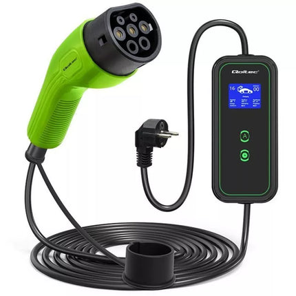 Qoltec 52476 Mobile charger for electric car EV with regulation 2 in 1 Type 2 | 3.5kW | 230V | Wi-fi | LCD | Portable | Wallbox | 5m