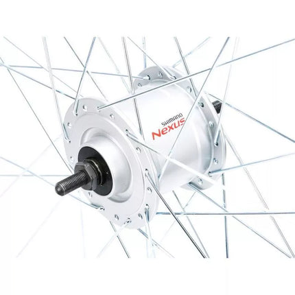 Priekinis 28 colių ratas su Shimano stebule, juodu ratlankiu