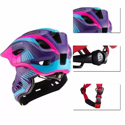Rockbros TT-32SBPP-S vaikiškas dviračio šalmas su nuimama smakro apsauga, dydis S - violetinė-rožinė