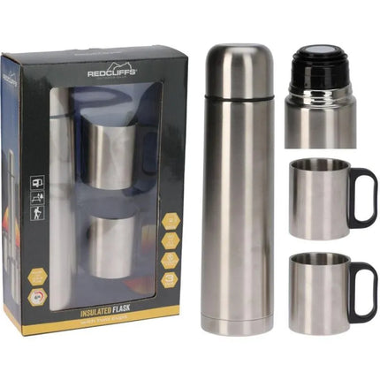 1000 ml kelioninis termosas su 2 puodeliais, sidabrinis