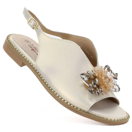 Women's flat leather sandals with crystals, gold, S.Barski 61-6004