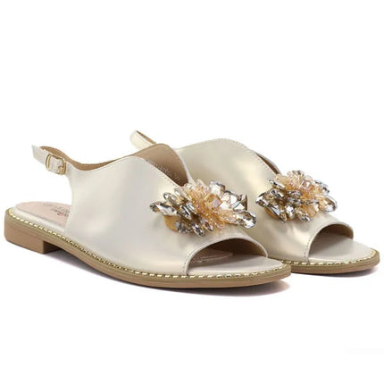 Women's flat leather sandals with crystals, gold, S.Barski 61-6004