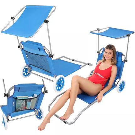 FOLDABLE BEACH CHAIR WITH CANOPY ON WHEELS 116x62x60-90CM BLUE