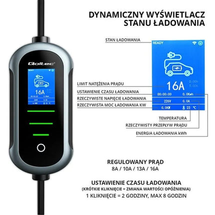 Qoltec mobilus elektromobilių įkroviklis su 2in1 reguliavimu Type2 | 11kW | 400V | Wi-fi | TUYA | SMART LIFE | LCD | Nešiojamas | Wallbox | 5m