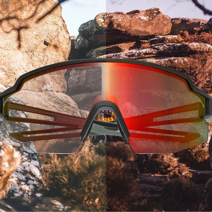 Dviračių akiniai Rockbros fotochrominiai su UV apsauga ir įdedamu rėmeliu korekciniams lęšiams, oranžiniai lęšiai – juodi