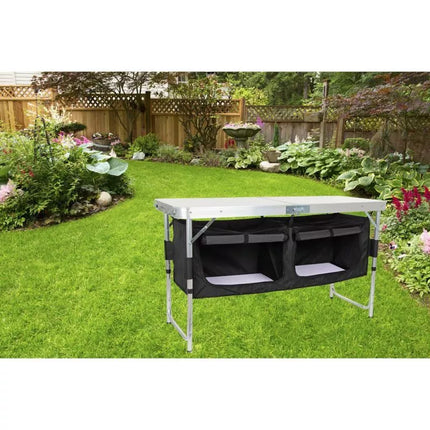 Sulankstomas kempingo stalas 120x47x70/62/54cm su spintele 33x30x36cm