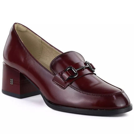 Moterų odiniai „brogue“ stiliaus bateliai aukštu kulnu, bordo spalvos, Vinceza 18116