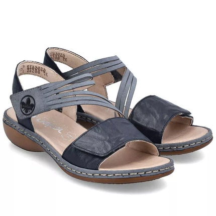 Women's leather sandals with velcro, navy blue, Rieker 65964-12