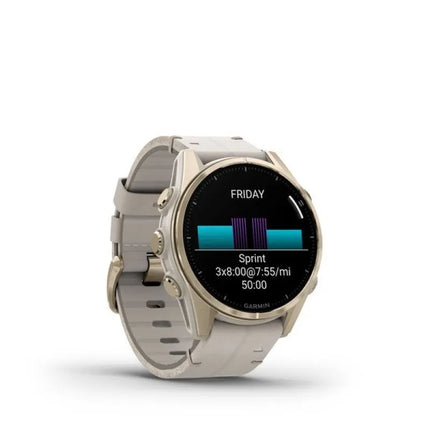 Garmin Fenix 8 43 mm AMOLED safyro ir titano „Soft Gold“ laikrodis su „Limestone“ odiniu dirželiu