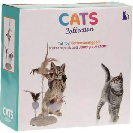 CAT TOY, FEATHERS ON SPRINGS ON A SCRATCHING POST BASE 14X33CM