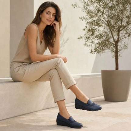 Women's leather wedge shoes, navy blue, Rieker L5356-14