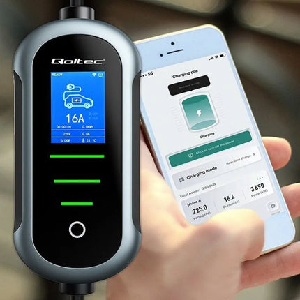 Qoltec mobilus elektromobilių įkroviklis su 2in1 reguliavimu Type2 | 11kW | 400V | Wi-fi | TUYA | SMART LIFE | LCD | Nešiojamas | Wallbox | 5m
