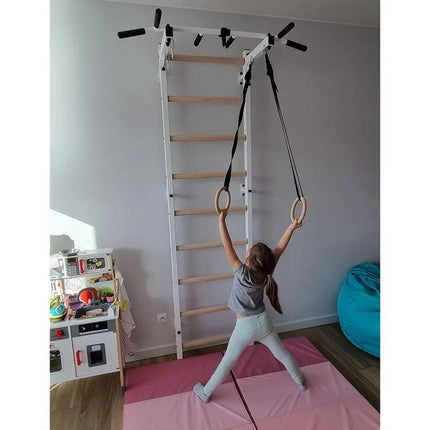 GYMNASTIC WOODEN AND METAL WALL BAR WITH METAL BAR AND ACCESSORIES FOR CHILDREN BENCHK 721W A076