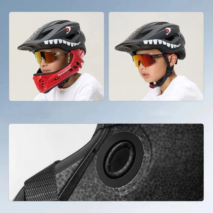 Rockbros TT-32006 Vaikų dviračių šalmas su nuimamu smakru, Ryklio stiliaus, Dydis S (48-52 cm) - Juodas