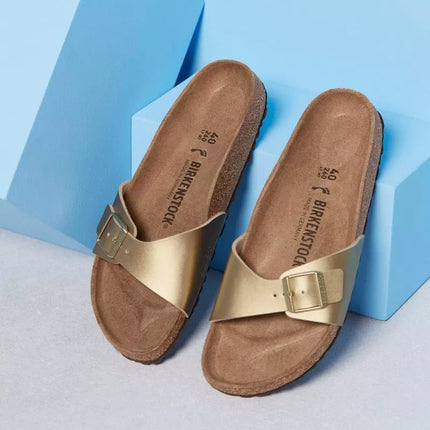 Birkenstock Madrid Birko-Flor Gold women's regular wide gold flip-flops (1016106)