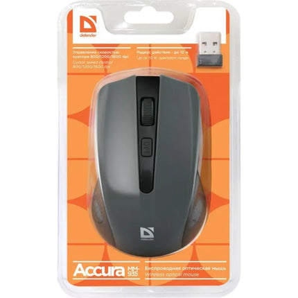 Belaidė pelė DEFENDER ACCURA MM-935 RF, pilka, optinė, 1600 DPI, 4 mygtukai, 52936