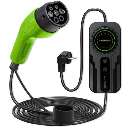 Qoltec nešiojamas elektromobilių įkroviklis su reguliavimo funkcija 2 viename, Type2 SCHUKO 3,5 kW 230 V, LCD ekranas, Wallbox, 5 m