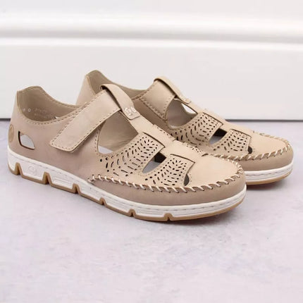 Rieker W RKR651 smėlio spalvos odiniai atviru raižiniu, su lipduku užsegami bateliai