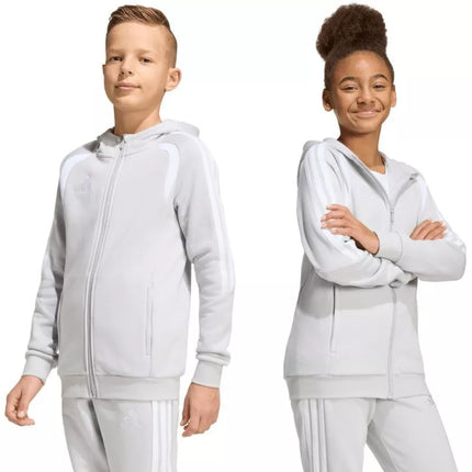 adidas Tiro 26 League sportinis džemperis su gobtuvu ir užtrauktuku visam ilgiui vaikams pilkas KF3323