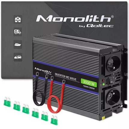 Qoltec Monolith 3000 MS Grynos sinusės įtampos keitiklis | 12V į 230V | 1500/3000W | USB