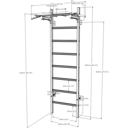 WOODEN AND METAL GYMNASTIC WALL BAR WITH BAR BENCHK 221W
