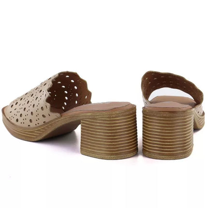Women's openwork beige mules with a heel M.Daszyński MR2598-7