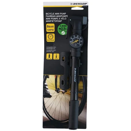 DUNLOP MINI BICYCLE PUMP WITH MANOMETER 120 psi (8 bar) BLACK